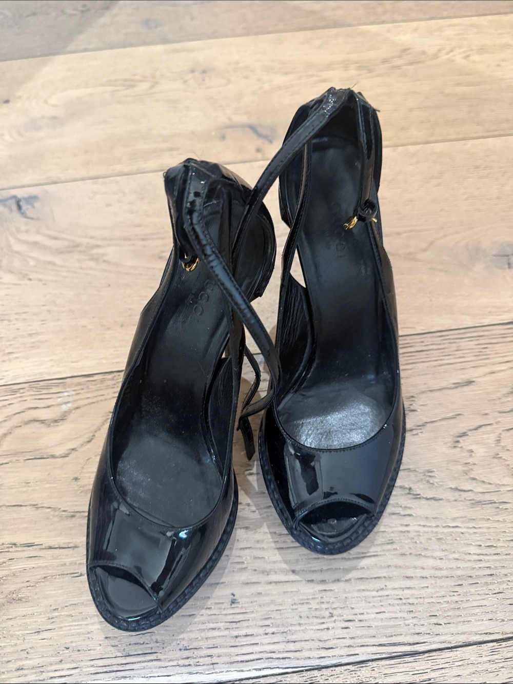 Gucci Black Patent Peep-Toe Slingback Heels